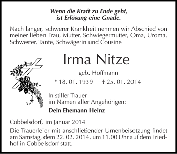Traueranzeige von Irma Nitze von Mitteldeutsche Zeitung Wittenberg