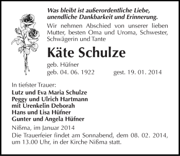Traueranzeige von Käte Schulze von Mitteldeutsche Zeitung Zeitz