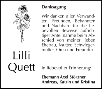 Traueranzeige von Lilli Quett von Mitteldeutsche Zeitung Bitterfeld