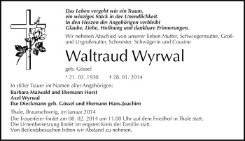 Traueranzeige von Waltraud Wyrwal von Mitteldeutsche Zeitung Quedlinburg
