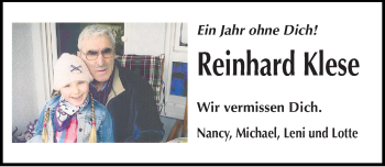 Traueranzeige von Reinhard Klese von Mitteldeutsche Zeitung Quedlinburg