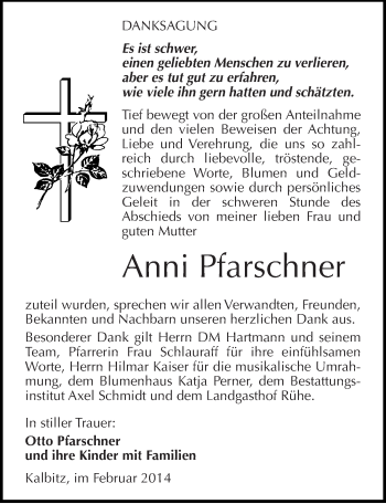 Traueranzeige von Anni Pfarschner von Mitteldeutsche Zeitung Naumburg/Nebra