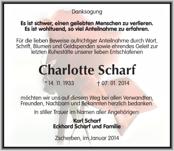 Traueranzeige von Charlotte Scharf von Mitteldeutsche Zeitung Halle/Saalkreis