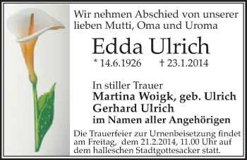 Traueranzeige von Edda Ulrich von Mitteldeutsche Zeitung Halle/Saalkreis