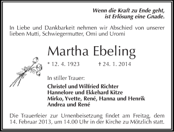 Traueranzeige von Martha Ebeling von Mitteldeutsche Zeitung Halle/Saalkreis