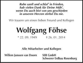 Traueranzeige von Wolfgang Föhse von Mitteldeutsche Zeitung Bernburg