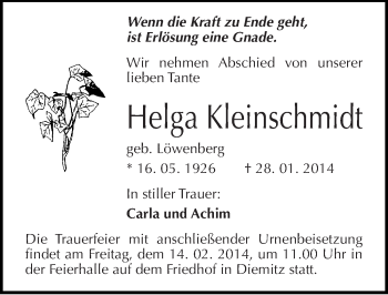 Traueranzeige von Helga Kleinschmidt von Mitteldeutsche Zeitung Halle/Saalkreis