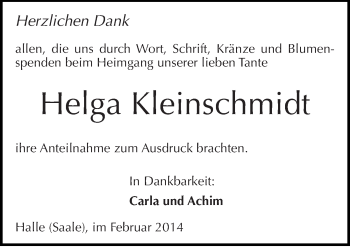 Traueranzeige von Helga Kleinschmidt von Mitteldeutsche Zeitung Halle/Saalkreis