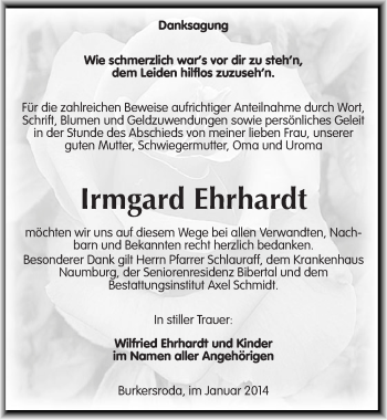 Traueranzeige von Irmgard Ehrhardt von Mitteldeutsche Zeitung Naumburg/Nebra