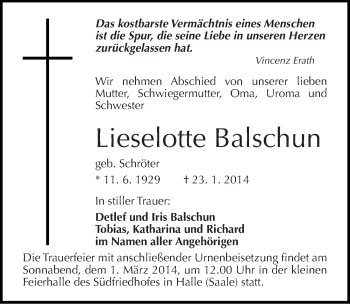 Traueranzeige von Lieselotte Balschun von Mitteldeutsche Zeitung Mansfelder Land