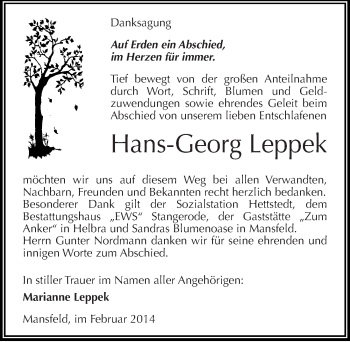 Traueranzeige von Hans-Georg Leppek von Mitteldeutsche Zeitung Mansfelder Land