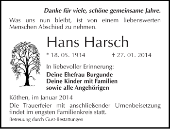 Traueranzeige von Hans Harsch von Mitteldeutsche Zeitung Köthen