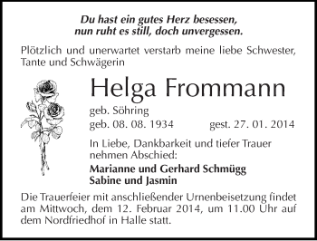 Traueranzeige von Helga Frommann von Mitteldeutsche Zeitung Halle/Saalkreis