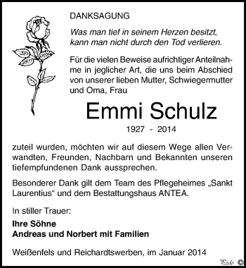 Traueranzeige von Emmi Schulz von Mitteldeutsche Zeitung Weißenfels