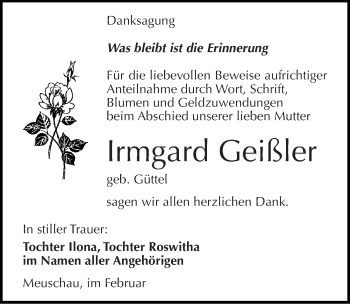 Traueranzeige von Irmgard Geißler von Mitteldeutsche Zeitung Merseburg/Querfurt