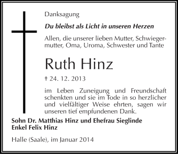 Traueranzeige von Ruth Hinz von Mitteldeutsche Zeitung Halle/Saalkreis