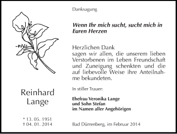 Traueranzeige von Reinhard Lange von Mitteldeutsche Zeitung Merseburg/Querfurt