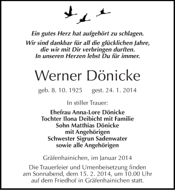 Traueranzeige von Werner Dönicke von Mitteldeutsche Zeitung Wittenberg