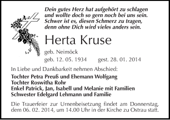 Traueranzeige von Herta Kruse von Mitteldeutsche Zeitung Halle/Saalkreis
