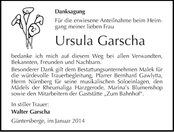 Traueranzeige von Ursula Garscha von Mitteldeutsche Zeitung Quedlinburg