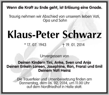 Traueranzeige von Klaus-Peter Schwarz von Mitteldeutsche Zeitung Halle/Saalkreis
