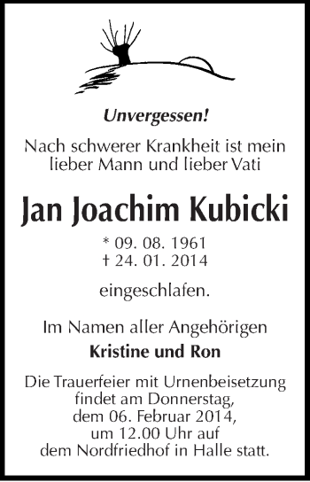 Traueranzeige von Jan Joachim Kubicki von Mitteldeutsche Zeitung Halle/Saalkreis