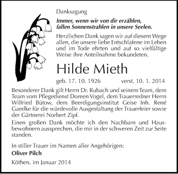 Traueranzeige von Hilde Mieth von Mitteldeutsche Zeitung Köthen