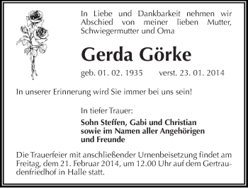 Traueranzeige von Gerda Görke von Mitteldeutsche Zeitung Halle/Saalkreis