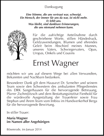 Traueranzeige von Ernst Wagner von Mitteldeutsche Zeitung Sangerhausen