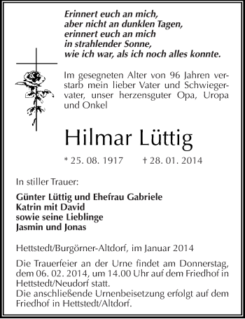 Traueranzeige von Hilmar Lüttig von Mitteldeutsche Zeitung Mansfelder Land