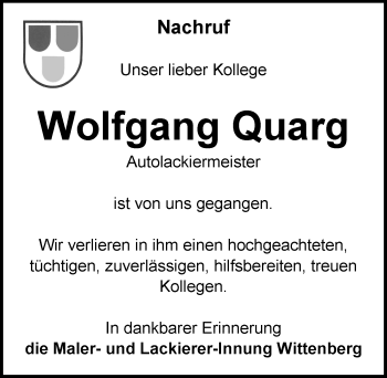 Traueranzeige von Wolfgang Quarg von Mitteldeutsche Zeitung Wittenberg