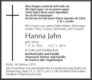 Traueranzeige von Hanna Jahn von Mitteldeutsche Zeitung Halle/Saalkreis