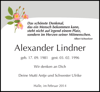 Traueranzeige von Alexander Lindner von Mitteldeutsche Zeitung Halle/Saalkreis