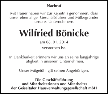Traueranzeige von Wilfried Bönicke von Mitteldeutsche Zeitung Merseburg/Querfurt