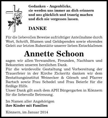 Traueranzeige von Annette Schoon von Mitteldeutsche Zeitung Mansfelder Land