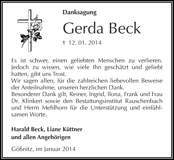 Traueranzeige von Gerda Beck von Mitteldeutsche Zeitung Naumburg/Nebra