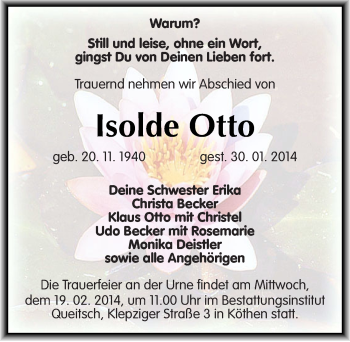 Traueranzeige von Isolde Otto von Mitteldeutsche Zeitung Köthen