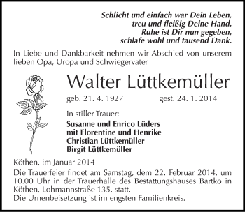 Traueranzeige von Walter Lüttkemüller von Mitteldeutsche Zeitung Köthen