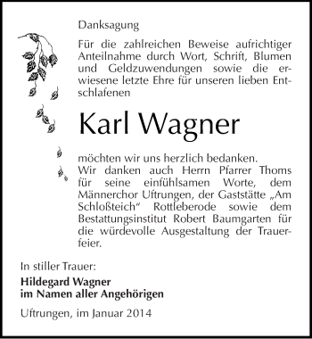 Traueranzeige von Karl Wagner von Mitteldeutsche Zeitung Sangerhausen