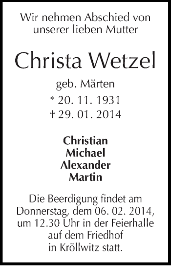 Traueranzeige von Christa Wetzel von Mitteldeutsche Zeitung Halle/Saalkreis