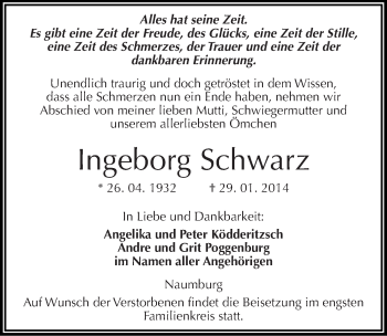 Traueranzeige von Ingeborg Schwarz von Mitteldeutsche Zeitung Naumburg/Nebra