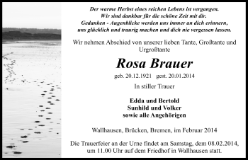 Traueranzeige von Rosa Brauer von Mitteldeutsche Zeitung Sangerhausen