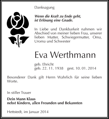 Traueranzeige von Eva Werthmann von Mitteldeutsche Zeitung Mansfelder Land