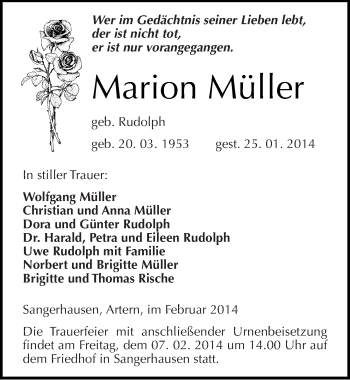 Traueranzeige von Marion Müller von Mitteldeutsche Zeitung Sangerhausen