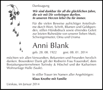 Traueranzeige von Anni Blank von Mitteldeutsche Zeitung Halle/Saalkreis