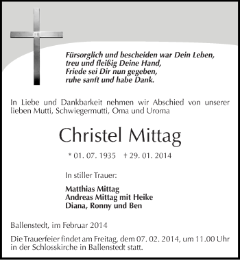 Traueranzeige von Christel Mittag von Mitteldeutsche Zeitung Quedlinburg