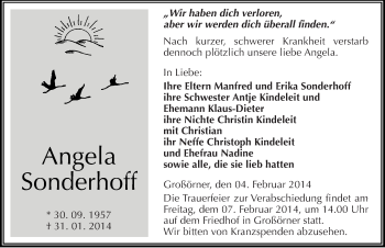 Traueranzeige von Angela Sonderhoff von Mitteldeutsche Zeitung Mansfelder Land