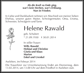 Traueranzeige von Helene Rawald von Mitteldeutsche Zeitung Mansfelder Land