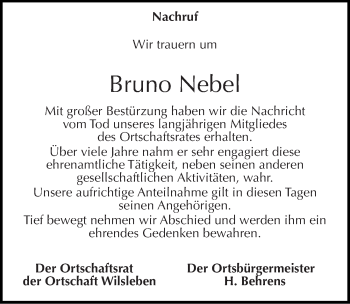 Traueranzeige von Bruno Nebel von Mitteldeutsche Zeitung Aschersleben