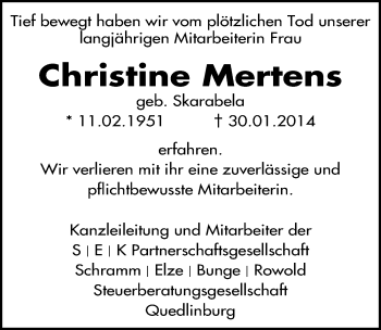 Traueranzeige von Christine Mertens von Mitteldeutsche Zeitung Quedlinburg